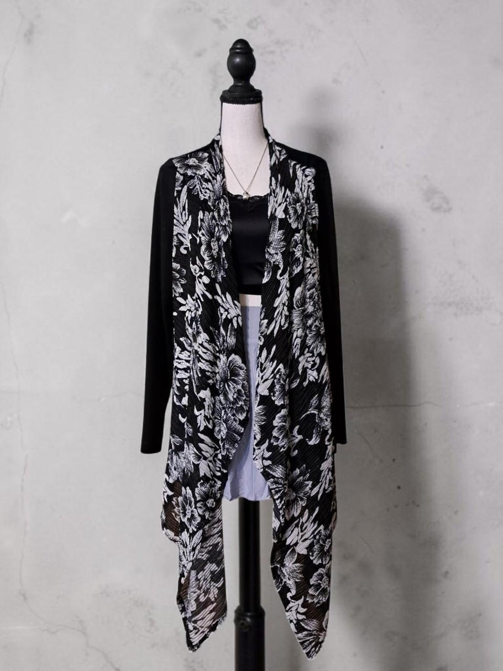 Black Floral Open-Front Drape Cardigan